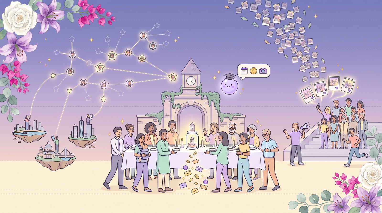 An illustrated reunion — batchmates traced across cities, a dinner table and a batch photograph on the steps