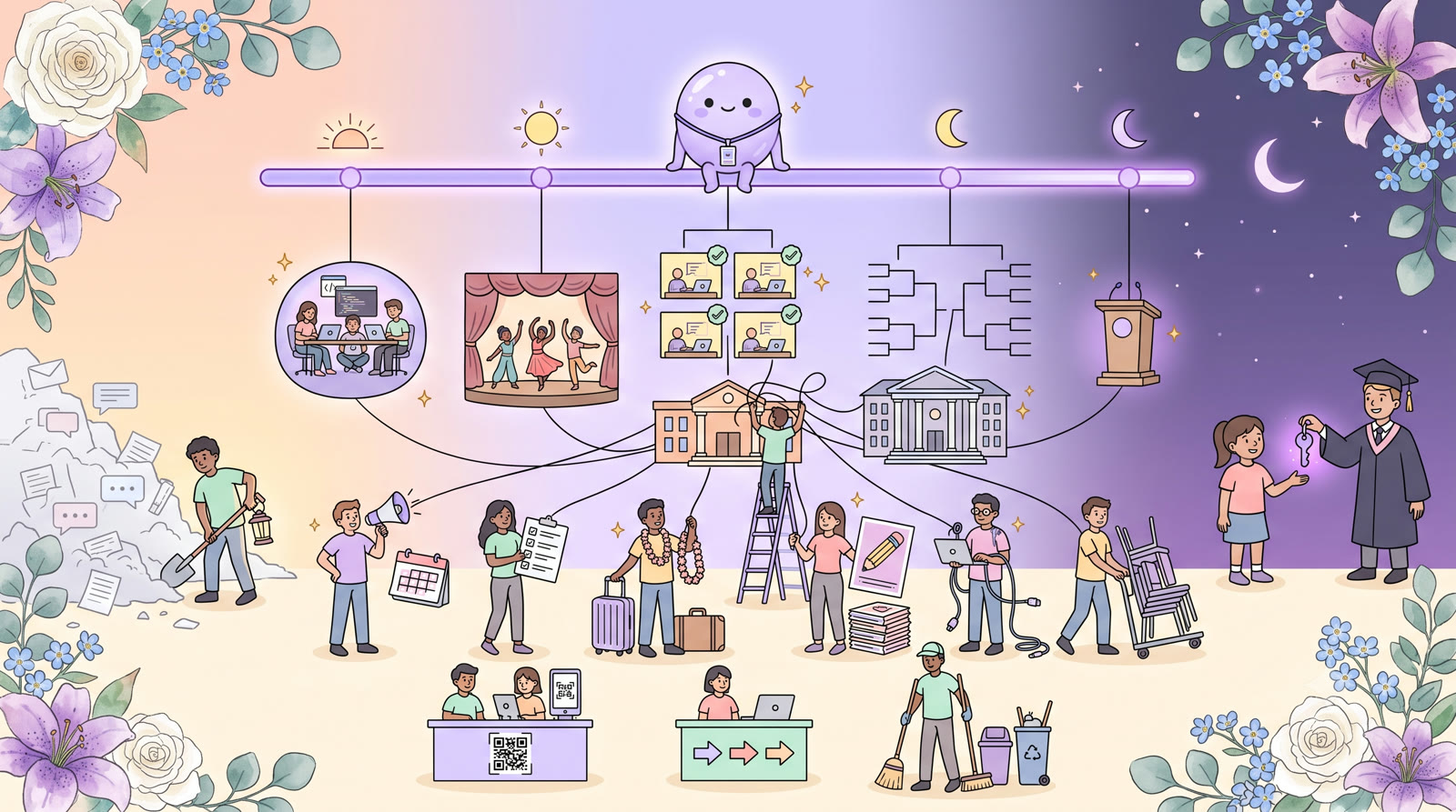 An illustrated campus fest &mdash; committees, a hackathon, a stage, a prize bracket and a check-in desk strung along one timeline