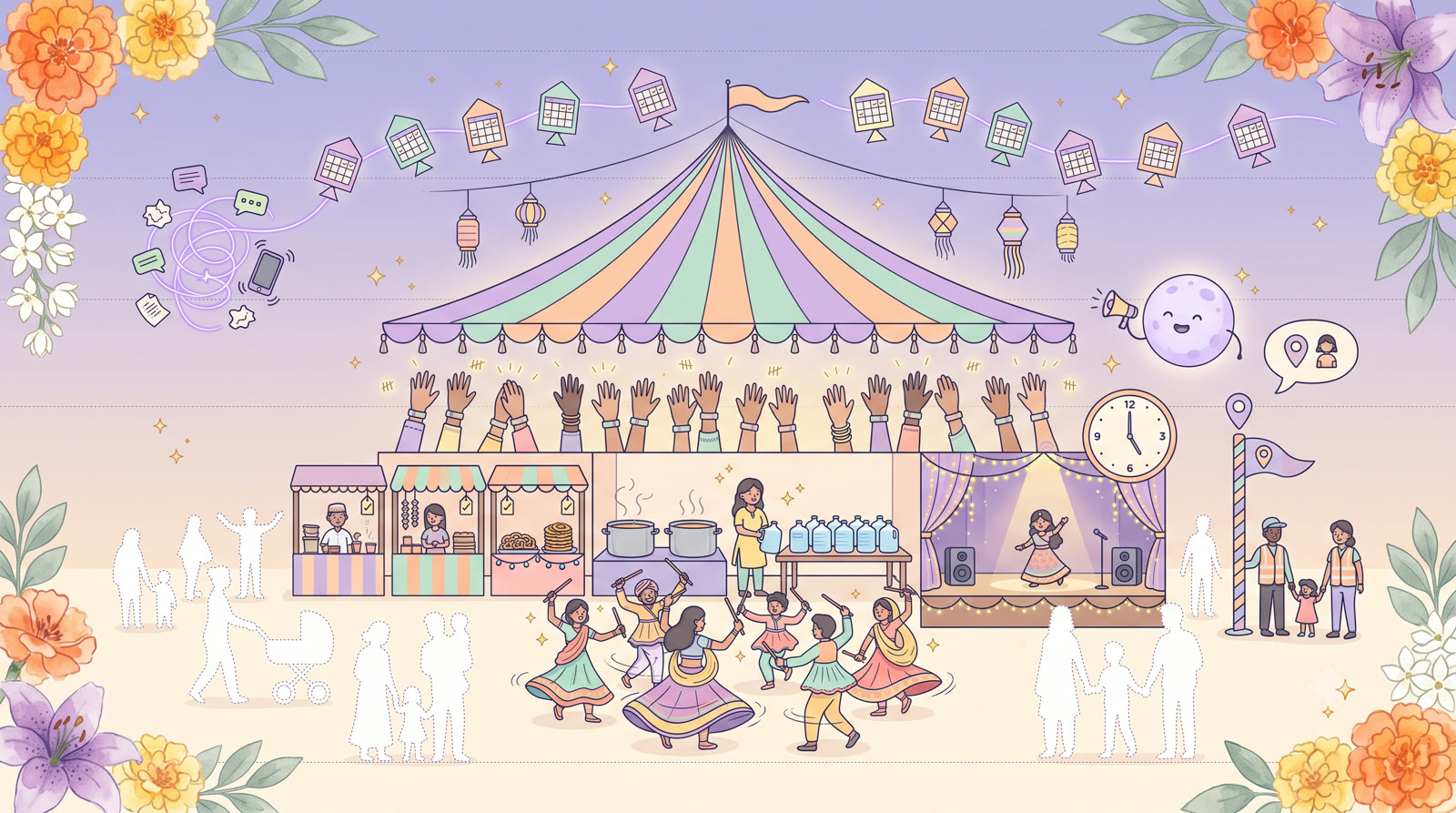 An illustrated mela — food stalls, a langar kitchen, garba dancers and a stage under a striped canopy
