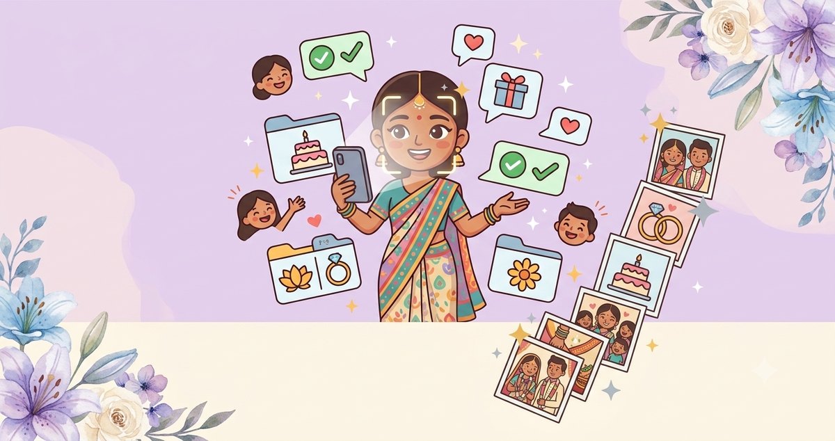 Illustration of a wedding guest taking a selfie and her photos appearing