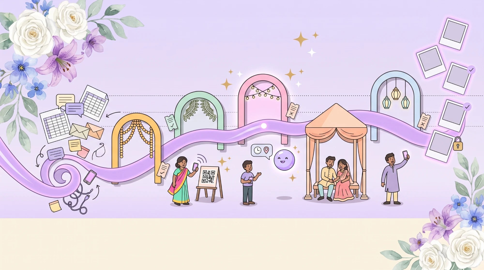 An illustrated timeline of a celebration, from scattered spreadsheets to one connected ribbon