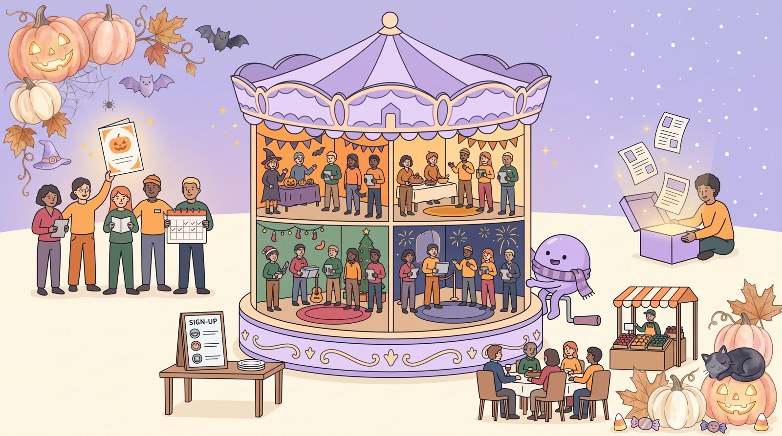 An illustrated carousel turning through Halloween, Thanksgiving, Christmas and New Year’s Eve